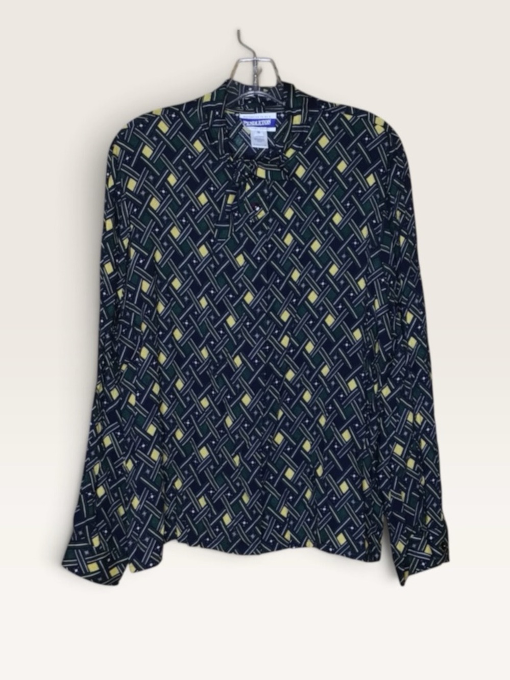 Vintage Pendleton Size 16 100% Rayon Geometric Tie Neck Blouse Made USA